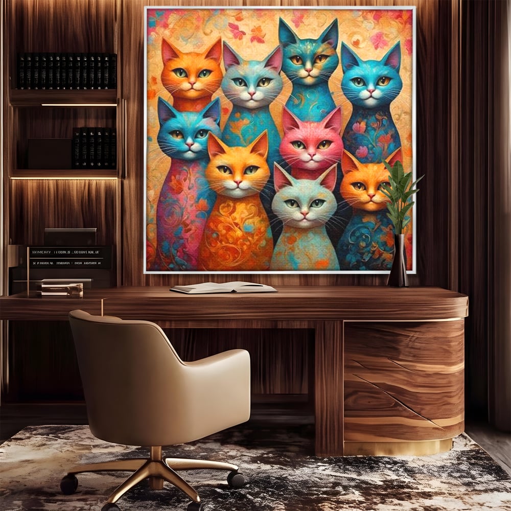 Tablou canvas cu tablou canvas cu opt pisici colorate, in rama de aluminiu argintiu, pe perete intr-un birou